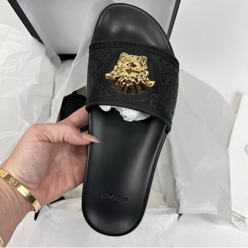 Versace Authentic Black and Gold Slide Sandals with Emblem
